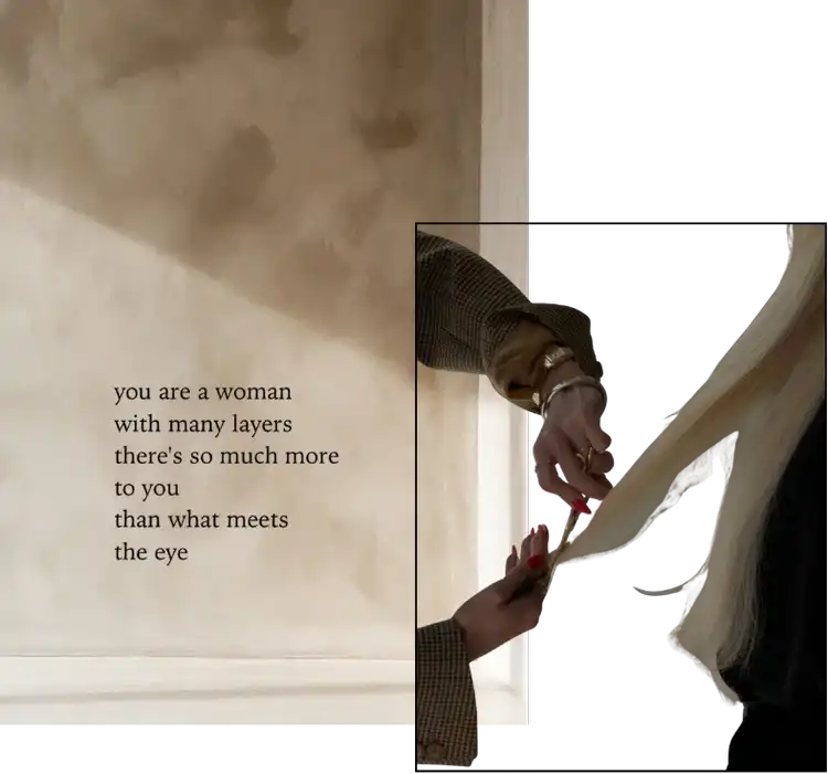 Text on textured wall with hands holding long blonde hair in soft light.